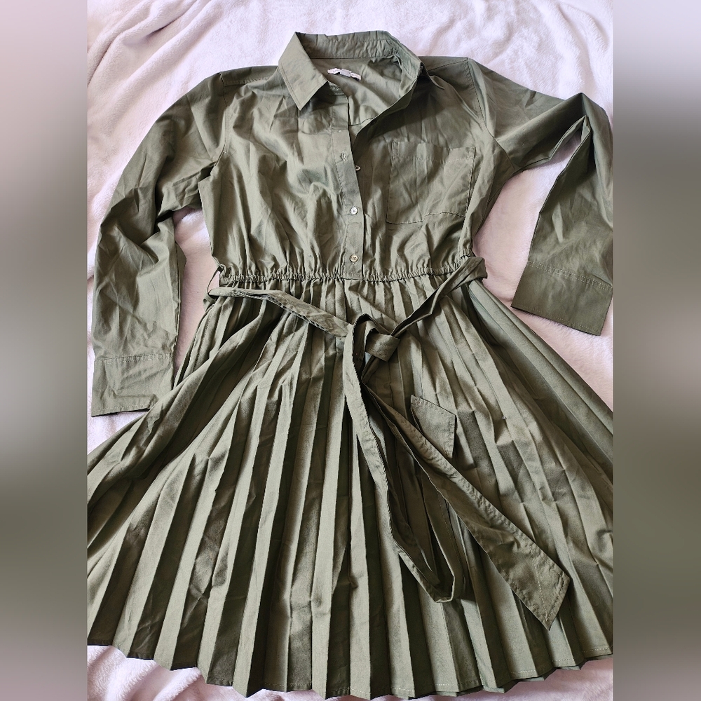 Elegant Olive Long Sleeve Pleated Dress